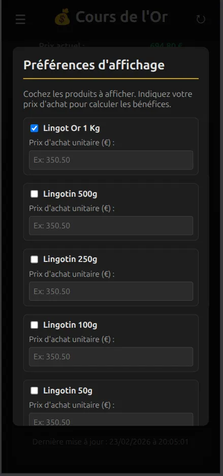 Choix de produits dans l'application Cours de l'Or FR