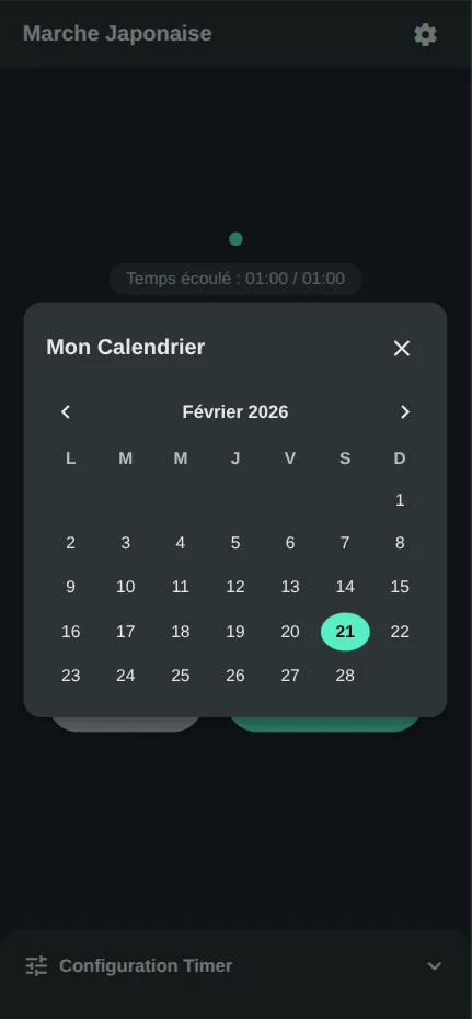 Calendrier et historique des séances de marche fractionnée, mode dark