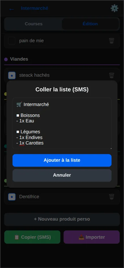 Ajouter à vote liste de courses depuis un SMS